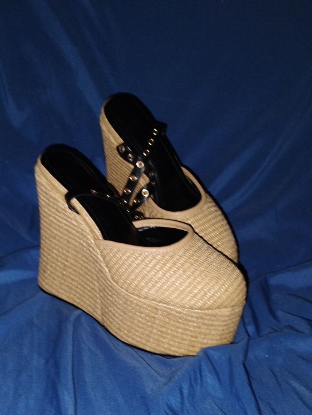 Woven Tan Platform Wedge Mules with Studded Black Strap